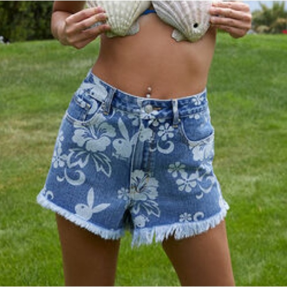 PLAYBOY Blue Floral Denim Shorts